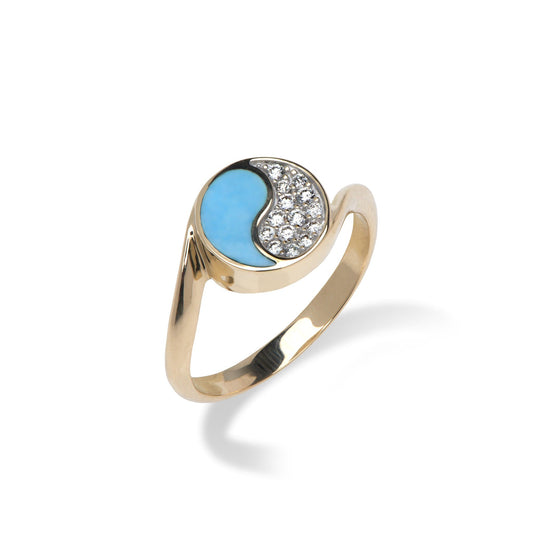 Yin Yang Turquoise Ring in Gold with Diamonds - 10mm