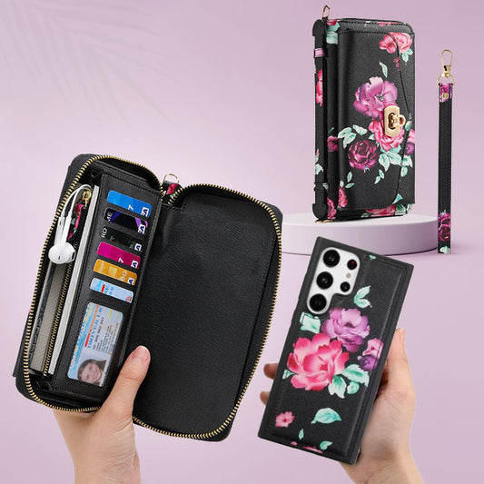 Flower Embellished Zipper Purse and Wallet Duo Case - Samsung