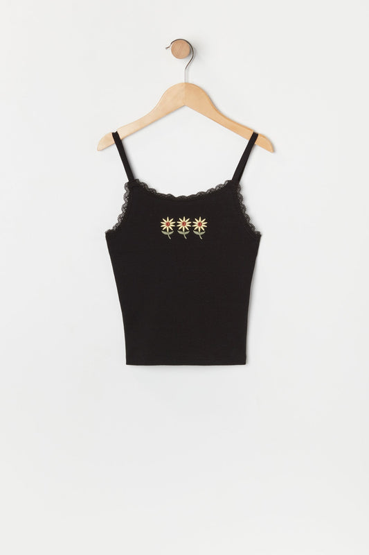 Camisole avec motif brodé Marguerite et liséré de dentelle pour fille