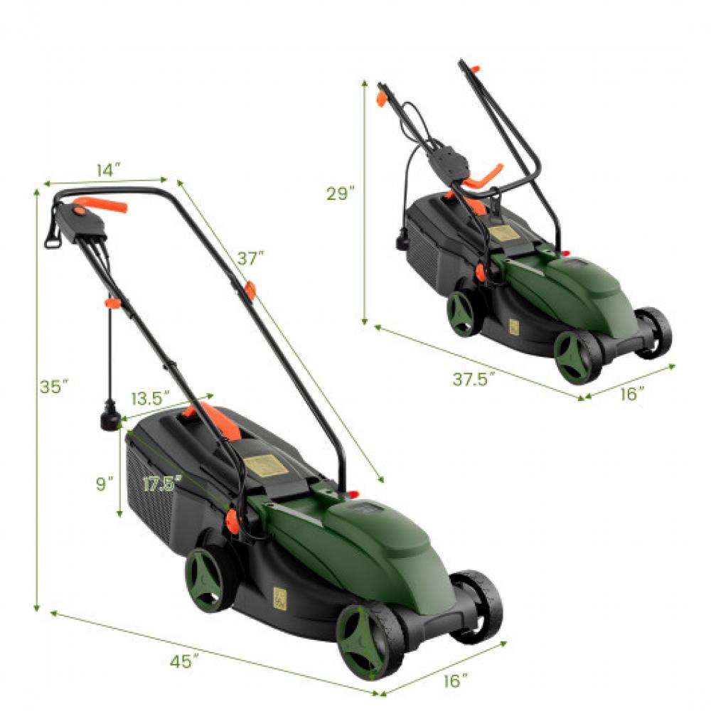 12-AMP 13.5 Inch Adjustable Electric Corded Lawn Mower with Collection Box-Green