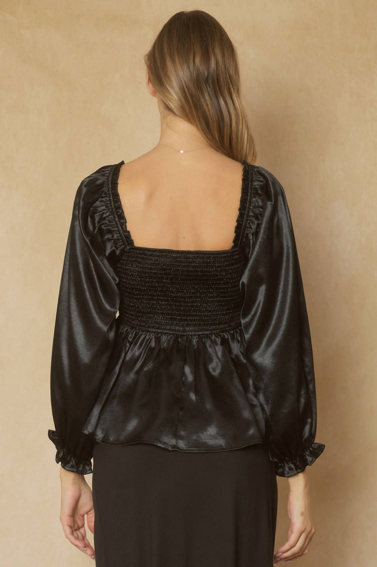 Satin Bubble Sleeve Blouse In Black