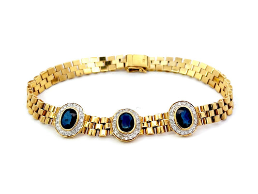 Three Sapphire Diamond Halo Link Bracelet in 18k Yellow Gold