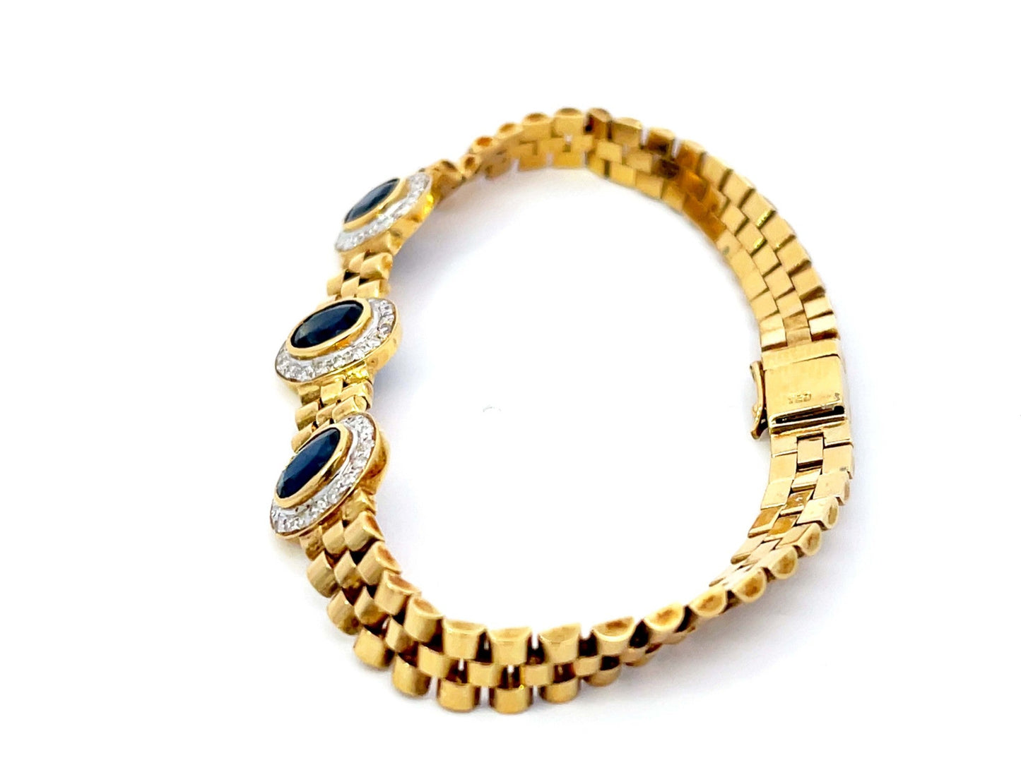 Three Sapphire Diamond Halo Link Bracelet in 18k Yellow Gold