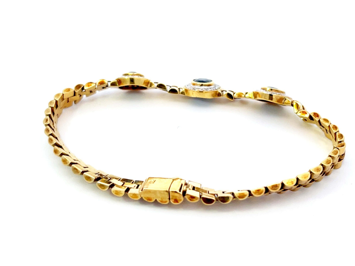 Three Sapphire Diamond Halo Link Bracelet in 18k Yellow Gold