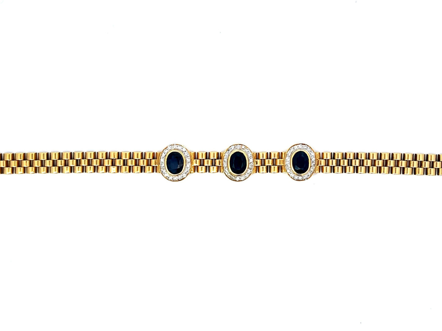 Three Sapphire Diamond Halo Link Bracelet in 18k Yellow Gold