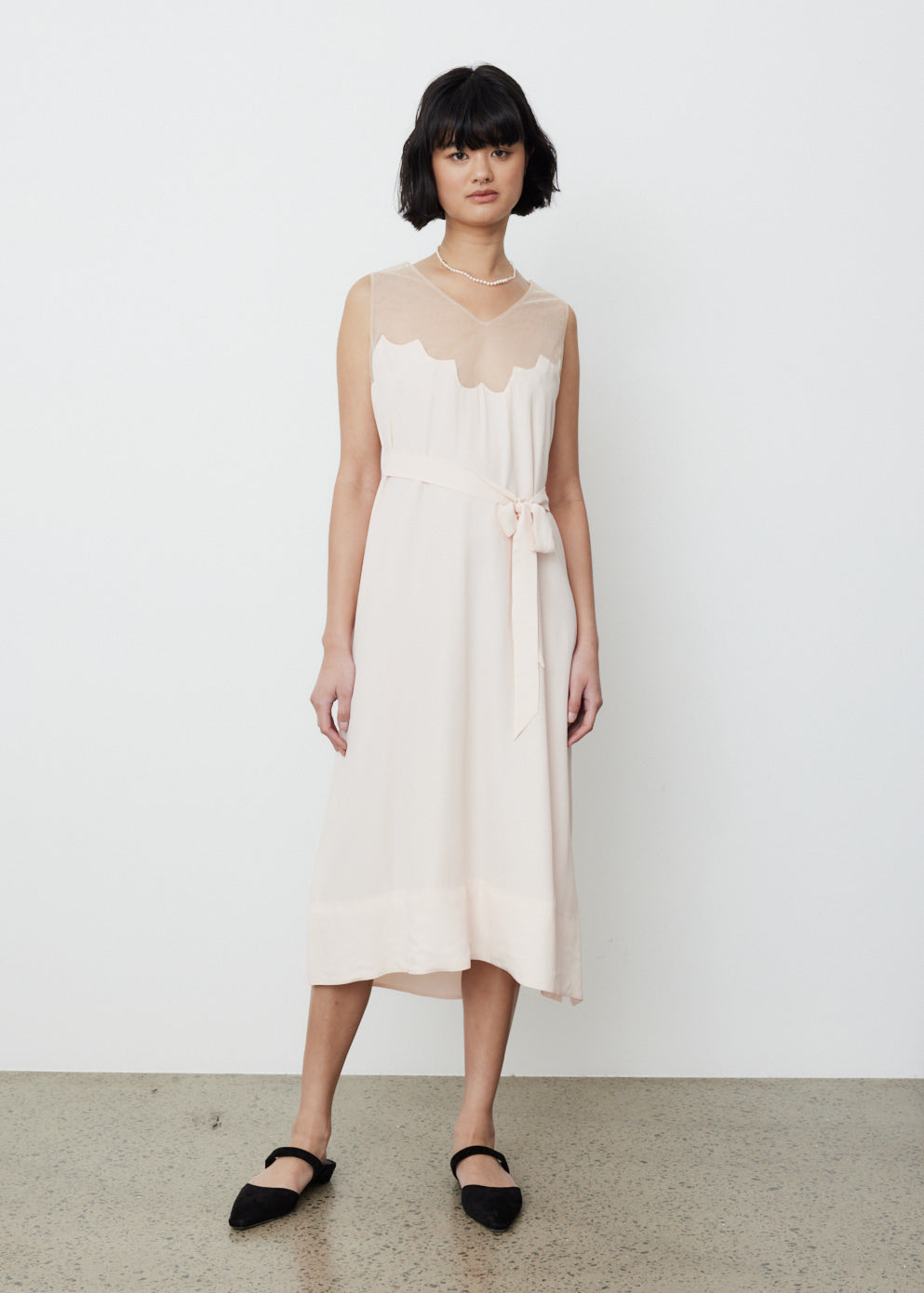 Scallop Tulle Neckline Slip Dress